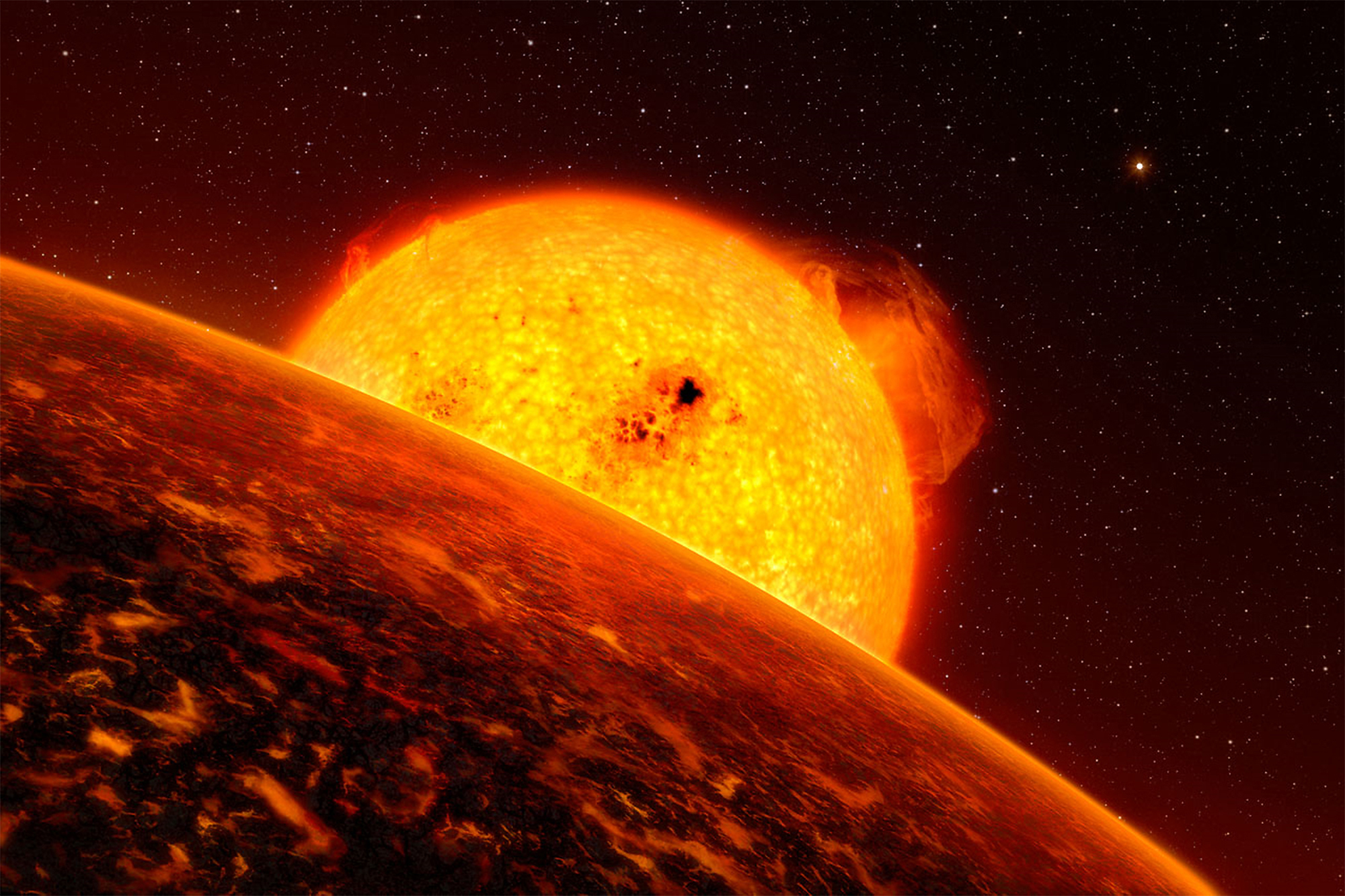 Exoplanet Kepler 78b und sein Stern Vordergrund: glühender Planet, Hintergrund: großer sonnenähnlicher Stern