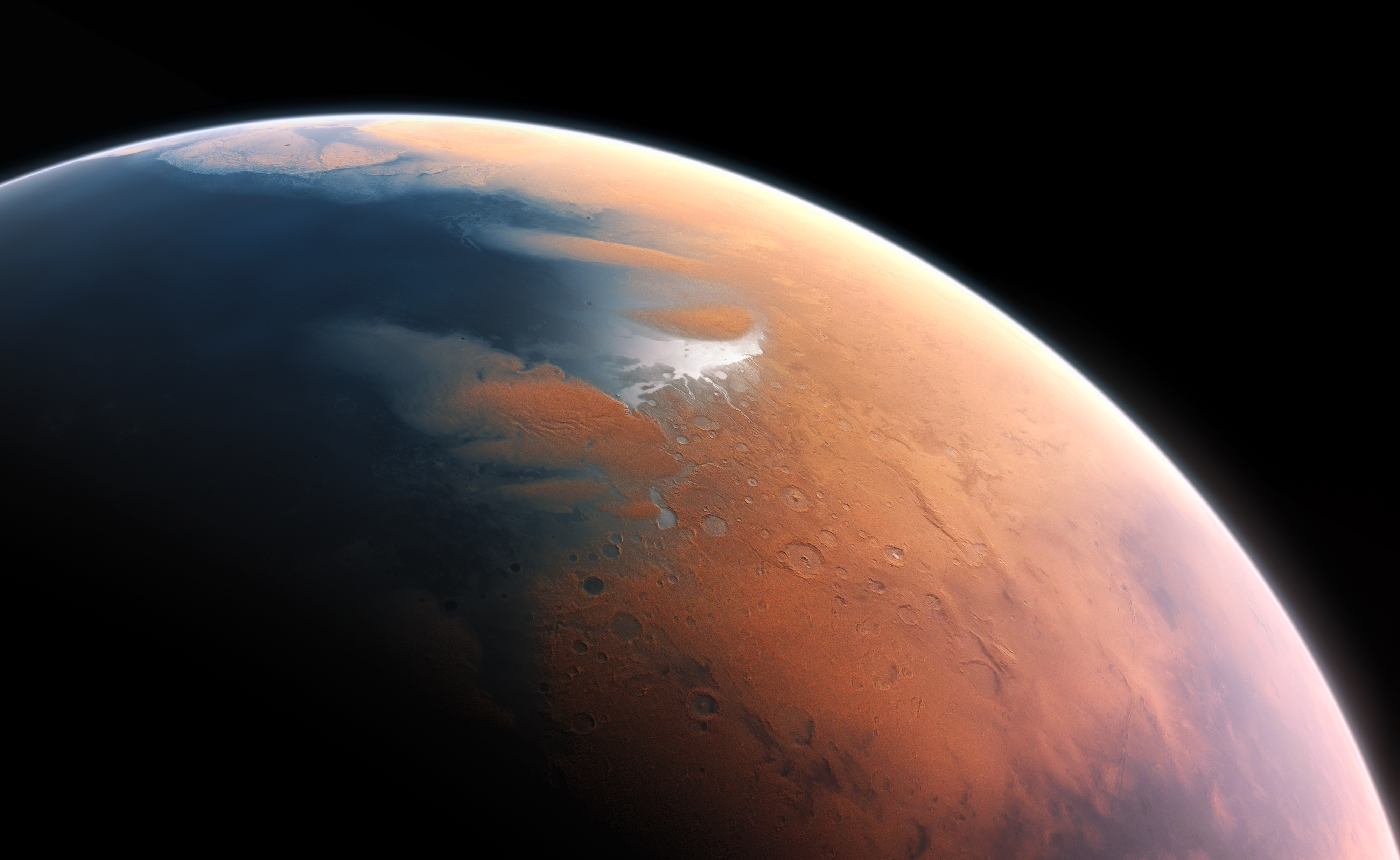 Künstlerische Darstellung des Mars mit Ozean, Bildquelle: ESO/M. Kornmesser; Lizenz: gemäß Bedingungen der Quelle Mars: Planet mit roter, trockener Landfläche und einem blau-spiegelndem Ozean.